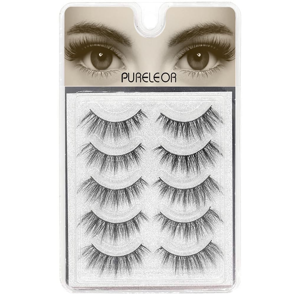 PURELEOR Natural Look Eyelashes 3D Mink Cat Eye Lash Wispies 15mm Manga Lashes 5 Pairs Soft Reusable False Eyelashes Lightweight, No Glue Included Beauty & Personal Care PURELEOR