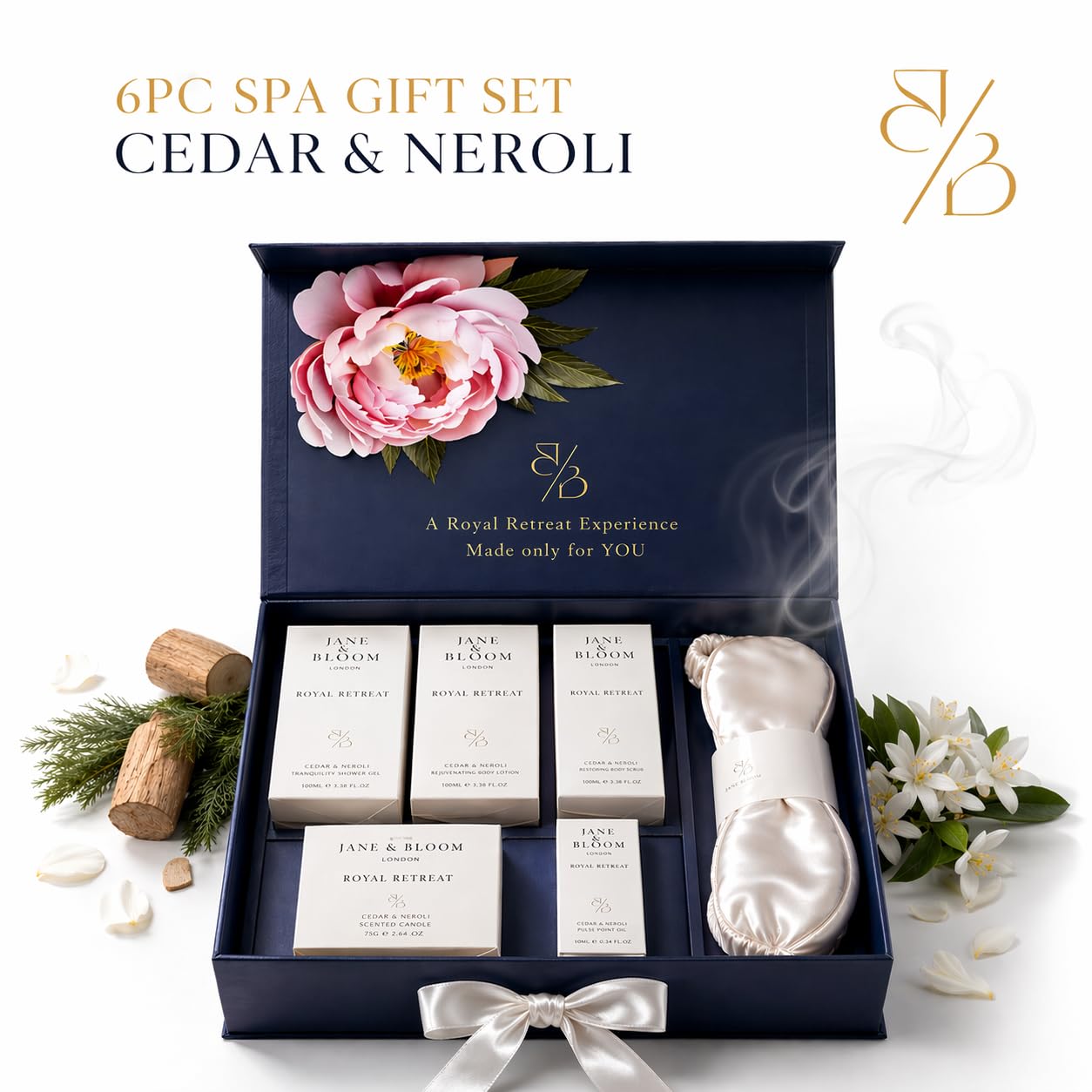Royal Retreat Luxury Spa Gift Box for Women, Cedar & Neroli Bath and Body Gift Set, Relaxing Home Spa Kit with Bath Salt, Body Scrub, Body Oil, Hand Beauty and Personal Care Jane & Bloom