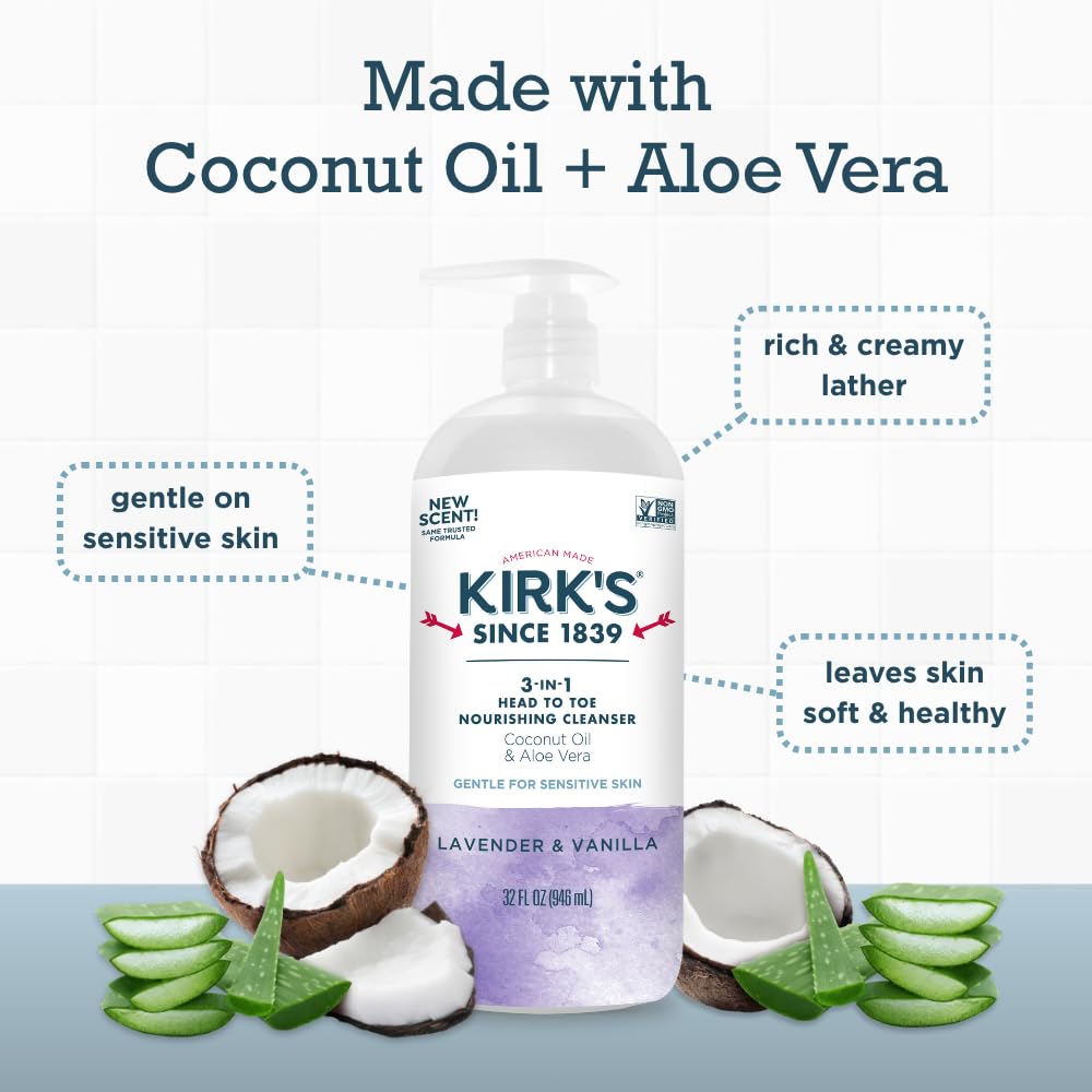 Kirk's 3-in-1 Head to Toe Nourishing Liquid Cleanser- for Men, Women & Children - Premium Coconut Oil & Aloe Vera- Non GMO & Vegan - Lavender Beauty & Personal Care Kirk's