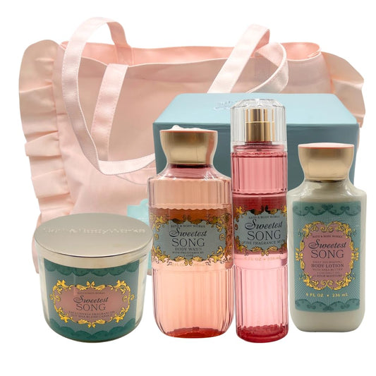 Bath & Body Works SWEETEST SONG 4-piece Deluxe Gift Set - Fine Fragrance Mist, Body Wash, Body Lotion & 3-wick Scented Candle with Pink Tote Bag Beauty and Personal Care Bath & Body Works