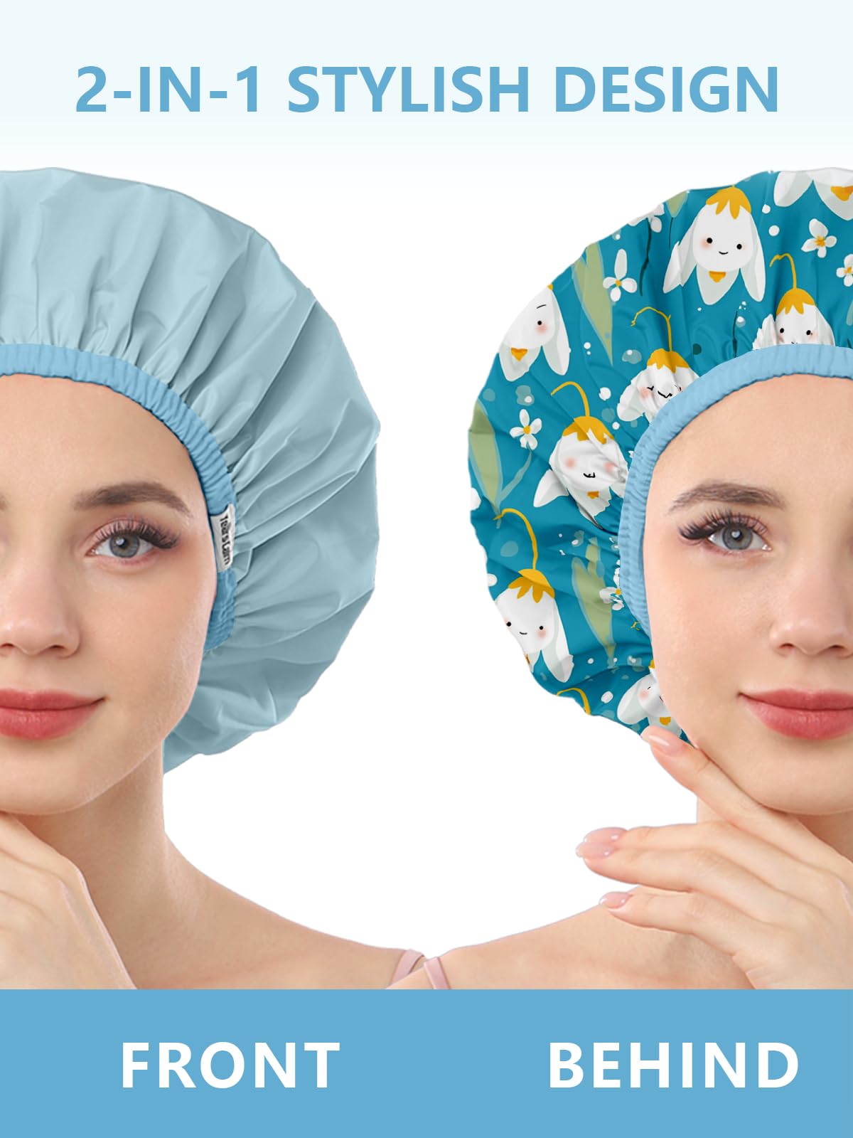 Years calm Shower Caps for Women Reusable Waterproof, Double Layer Waterproof Fabric - Both Sides Usable, Reversible Pattern & Solid Color Design Beauty and Personal Care Years calm