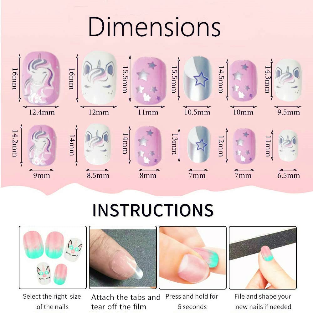 Rain Bingo 72 Pieces False Nails Press on Nails for Kids- Unicorn Short Fake Artificial Full Cover Nail Art Kits Transation with Nail Glue Tabs Beauty & Personal Care Pumkryth