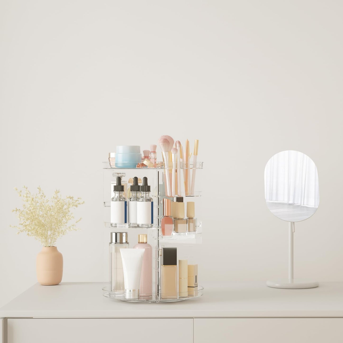 Rotating Makeup Organizer, DIY 8 Adjustable Layers Spinning Skincare Storage, Cosmetic Display Case with Brush Holder and Perfume Tray, Multi-Function Beauty and Personal Care Jiavarry
