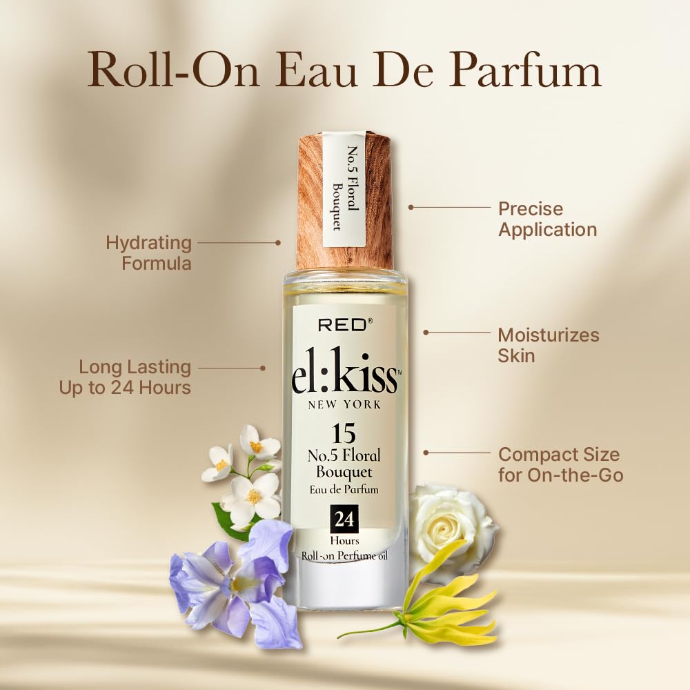 EL:KISS Roll On Perfume, No 5 Floral Bouquet, Eau de Parfum 12mL (.40 Fl Oz), Hydrating & Long-Lasting, Alcohol & Mineral Oil-Free, Infused Beauty & Personal Care EL:KISS