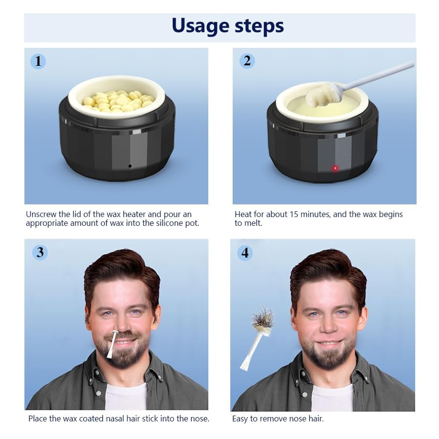 Professional Men's Nose Waxing Set, USB-C Electric Hard Wax Melter with Removable Silicone Pot, 50g Beads & 10 Sticks for Nose, Ear & Eyebrow Facial Beauty and Personal Care Wokyo