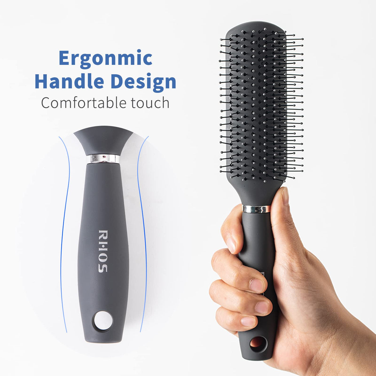 RHOS Hair Brush for Men - Detangler Hair Brush for Styling/Massage - Nylon Bristles for Wet & Dry Hair, Bangs, Thin, Short Hair - Gray Beauty & Personal Care RHOS