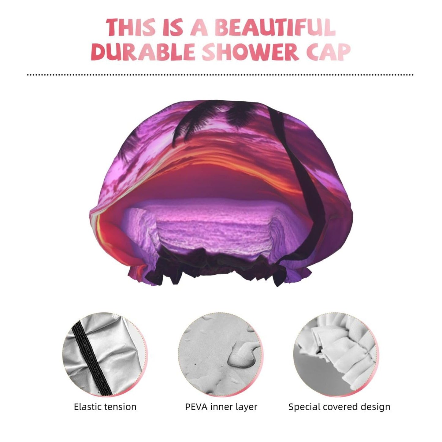 Palm Tree Purple Sunset Shower Cap for Women Men Large Reusable Shower Bonnet Double-Layer Waterproof Bath Caps Elastic Band Hair Hat for All Beauty and Personal Care BWLHJKE