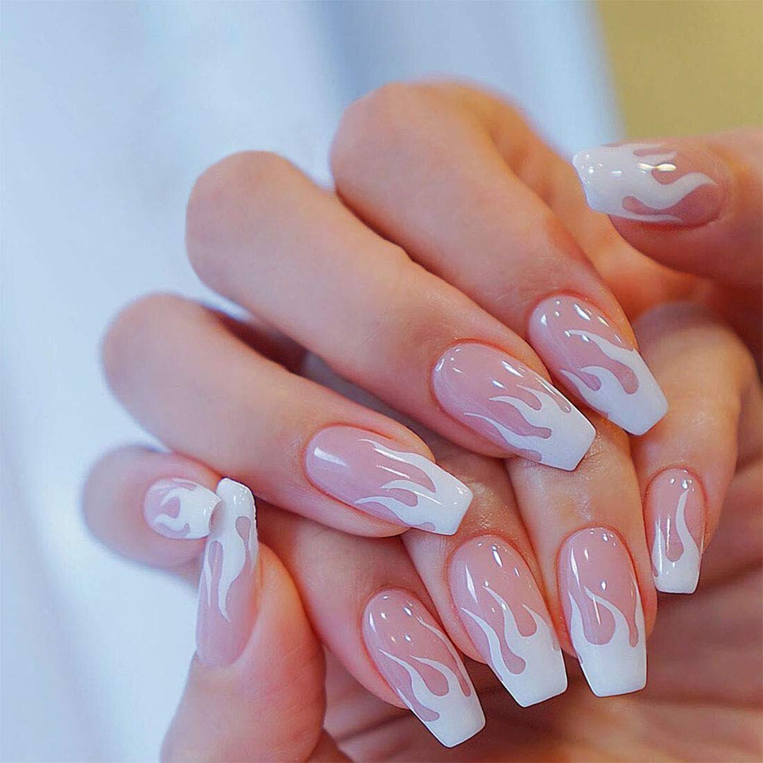 BABALAL 24Pcs Medium Coffin Fake Nails Pink White Flame False Nails Glossy Ballerina Press on Nails for Women and Girls Beauty & Personal Care BABALAL