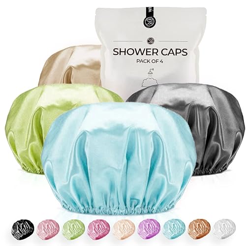 Shower Cap for Women Reusable Extra Large Shower Caps for Men Satin Double Layer EVA Waterproof Long Hair Caps(Baby Blue, Brown, Dark Grey, Green 4 Beauty & Personal Care WhaleLife