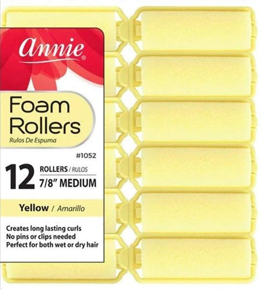 Annie Foam Hair Rollers 7/8 Inch Medium, 12 Count Yellow Soft Sponge Curlers for Heatless Curls, No Pins or Clips Needed, For Wet or Dry Hair, Tight