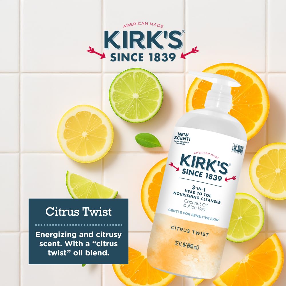 Kirk's 3-in-1 Head to Toe Nourishing Liquid Cleanser- for Men, Women & Children - Premium Coconut Oil & Aloe Vera- Non GMO & Vegan - Citrus Twist - 32 Beauty & Personal Care Kirk's