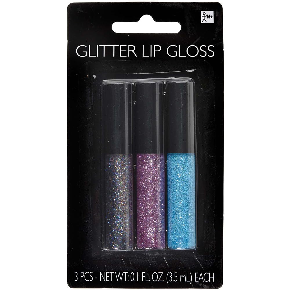 Amscan Multicolor Glitter Lip Gloss - 3 Pcs. - Shimmering Design, Perfect Costume Accessory For Parties, Events & Everyday Glamour Beauty & Personal Care Amscan