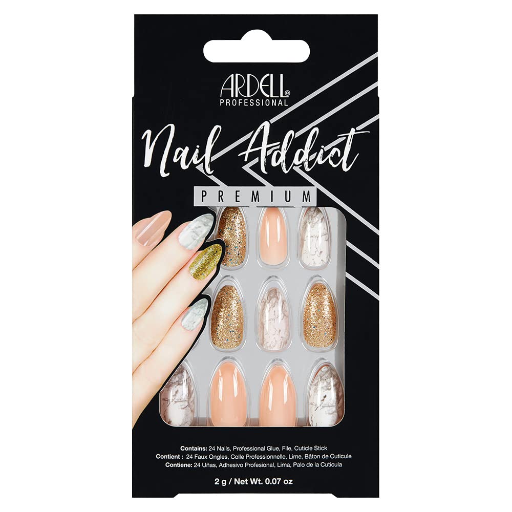 Ardell Nail Addict Premium Press On Nails Almond Pink Gold 24 Pc Fake Nails