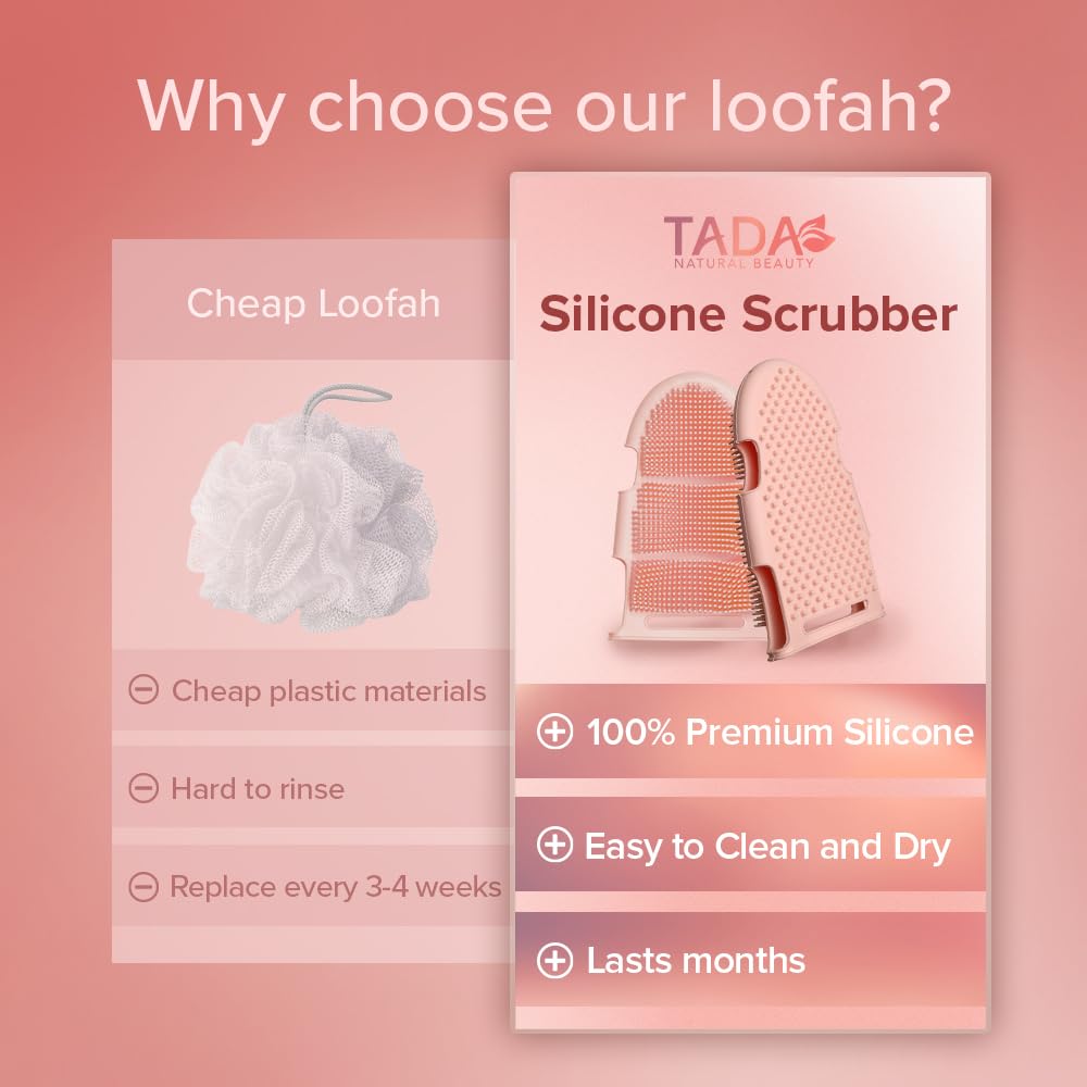 TADA Natural Beauty Dual Sided Silicone Body Scrubber, Exfoliating Shower Scrubber and Loofah Alternative for Daily Wet or Dry Use, Pink Beauty and Personal Care TADA BEAUTY