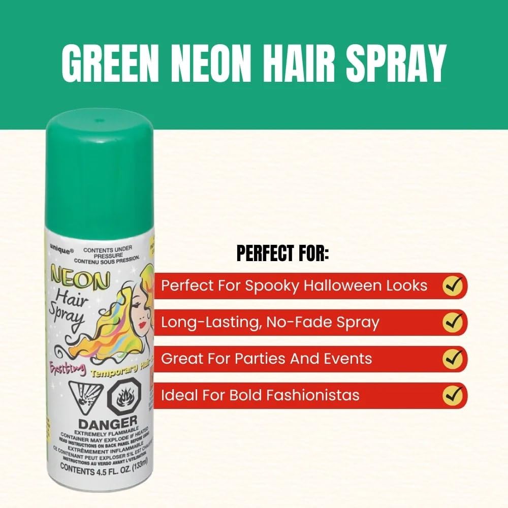 Green Neon Hair Spray - Perfect for Your Bold Standout Look & Special Events,- 3.17 fl oz (1 Pc) Beauty & Personal Care Unique