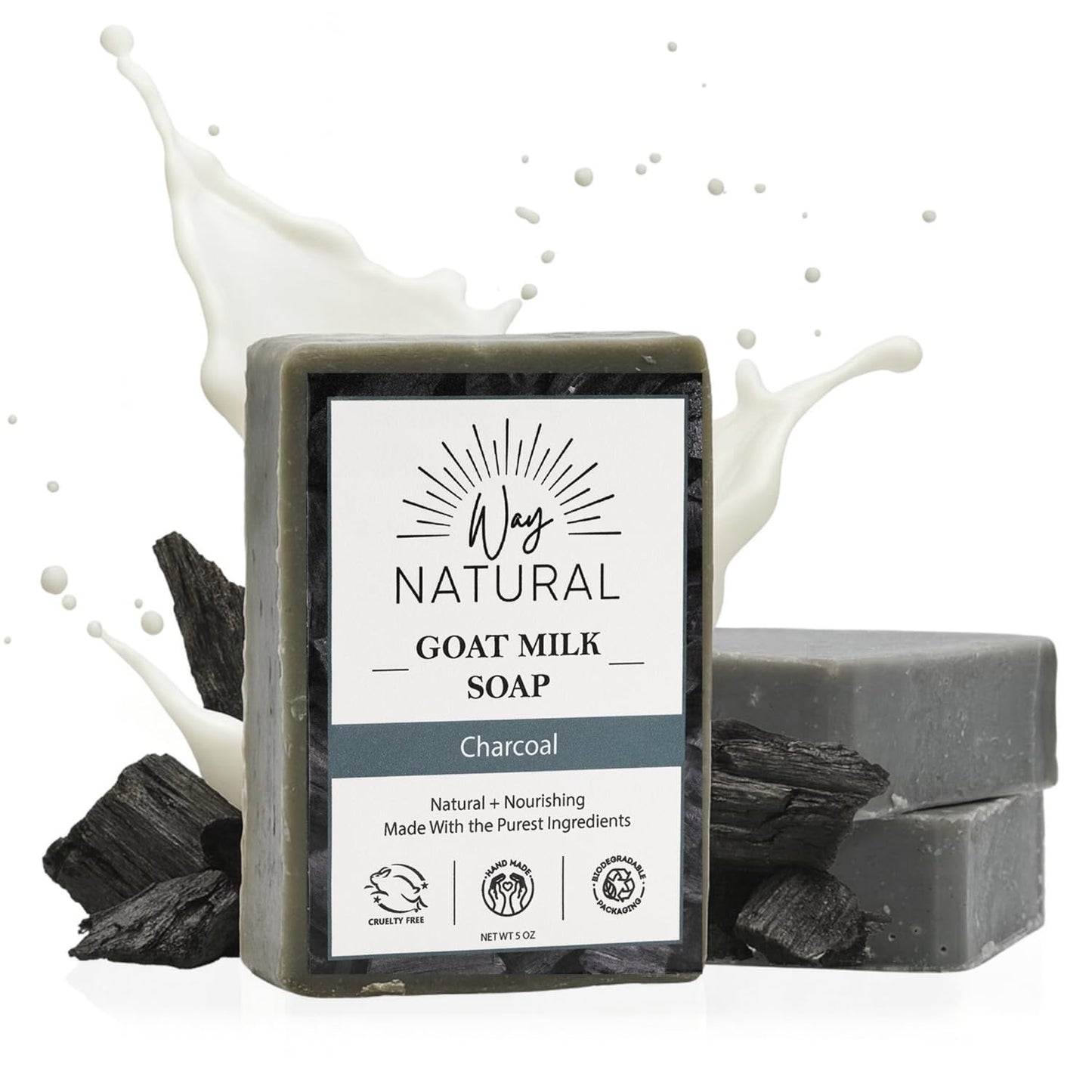 Activated Charcoal Soap Bar 3 Pack (5oz Bars) - Goat Milk Soap for Women & Men - Natural, Handmade Exfoliating Body Wash Bar - Moisturizing for Dry Beauty & Personal Care Way Natural