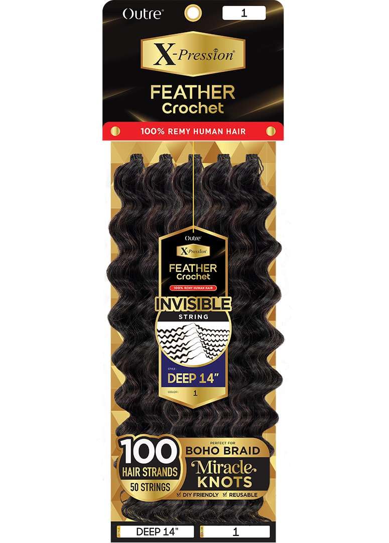 Outre X-Pression 100% Remy Human Feather Crochet Braid - Human Crochet Deep 14" (JET BLACK 1)