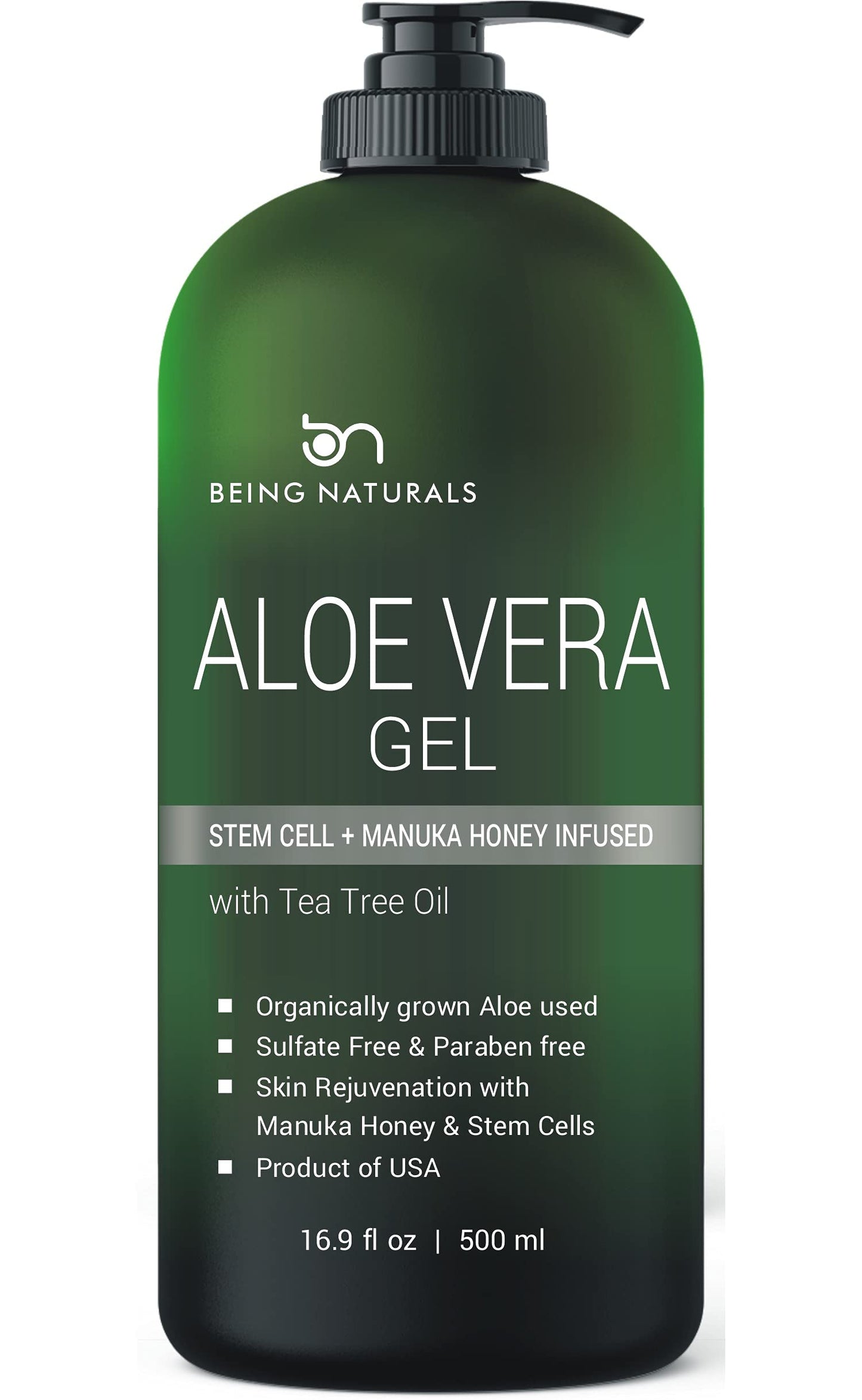 Aloe vera Gel - from 100% Pure Organic Aloe Infused with Manuka Honey, Stem Cell, Tea Tree Oil - Natural Raw Moisturizer for Face, Body, Hair. Perfect Beauty & Personal Care Being Naturals