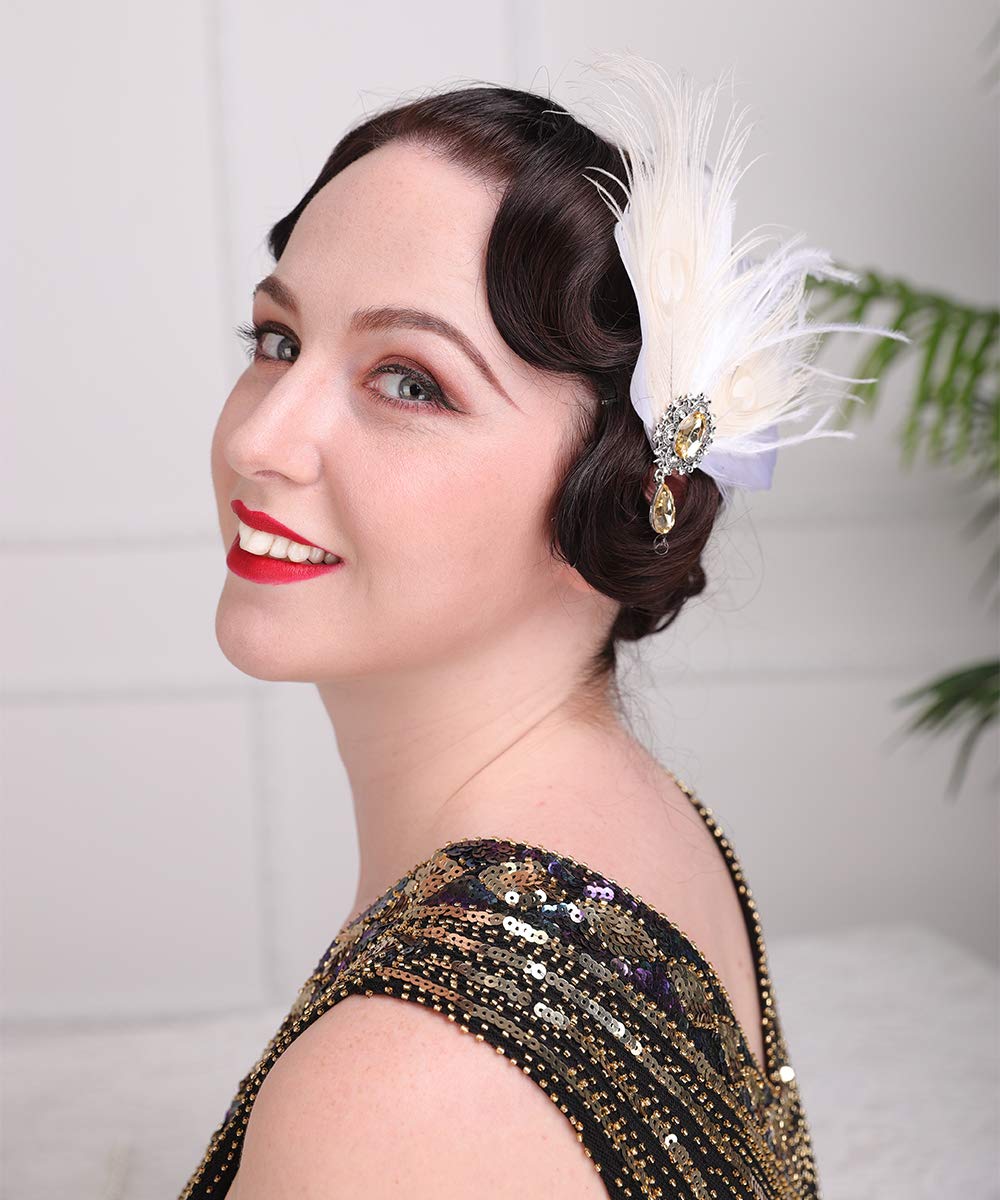 Aimimier Bridal 1920s Flapper Feather Hair Clip Crystal Teardop White Feather Roaring 20s Headpiece Prom Party Festival Hair Jewelry for Women Beauty & Personal Care Aimimier