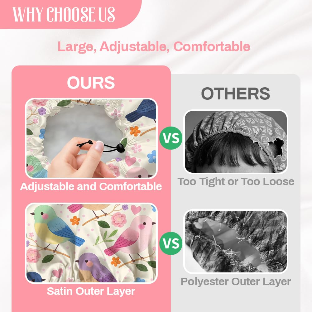 DELORIGIN Bohemian Birds Flowers Reusable Shower Cap Cute Double Layer Waterproof Shower Caps Large Elastic Hair Cover Adjustable Hair - Drying Caps Beauty and Personal Care DELORIGIN