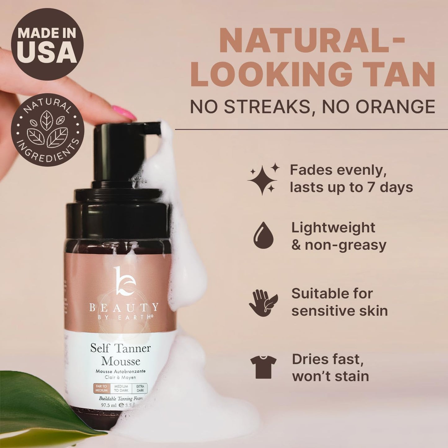 Self Tanner Mousse - USA Made with Natural & Organic Ingredients, Self Tanning Mousse for Fake Tan, Sunless Tanner for Pale Skin, Clear & Non Toxic Beauty & Personal Care Beauty by Earth