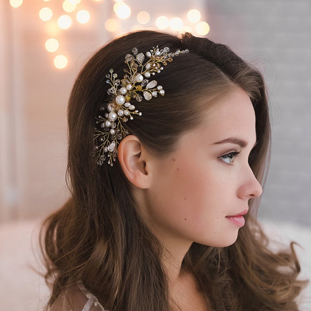 Kercisbeauty Wedding Bridal Bridesmaids Flower Girl Crystal and Pearl Side Hair Comb Slide Headpiece Long Curly Bun Hair Accessories for Prom (Gold) Beauty & Personal Care Kercisbeauty