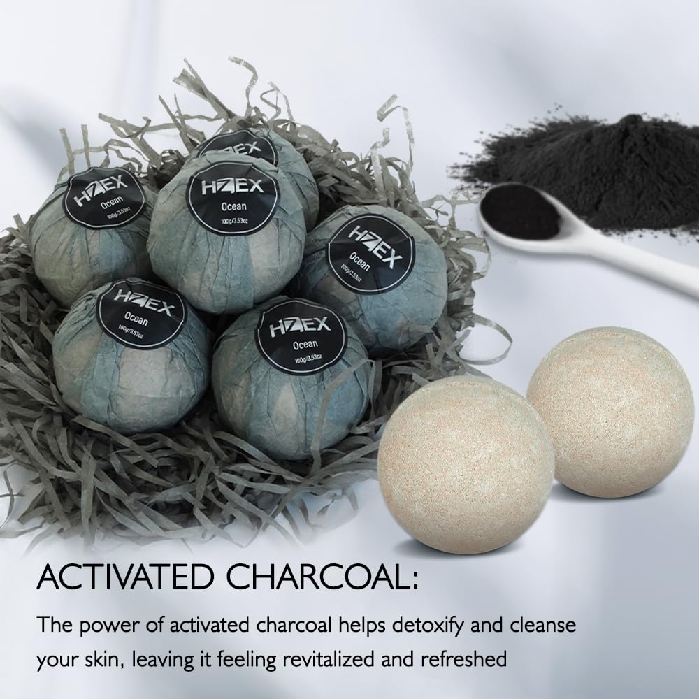 HZEX Charcoal Activated Bath Bombs for Men - Detox with Handmade Organic 6 Pack Bath Bomb Set, up to 3 Scents (Sandalwood, Bergamot, Ocean) Beauty and Personal Care HZEX