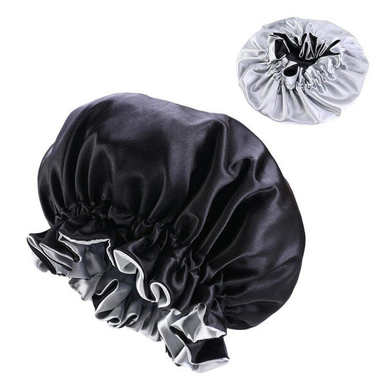 Magik Double-sided Cover Satin Night Sleep Cap Hair Bonnet Hat Head w/Elastic Band (2 Pack, Black/Silver) Beauty and Personal Care Magik