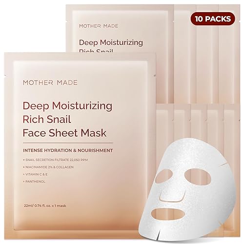 MOTHER MADE Glowing Glass Skin Hydrating Snail Deep Collagen Face Masks 10 EA, with Niacinamide 2%, Vitamin E, Facial Masks for Dry, Sensitive Skin Beauty & Personal Care MOTHER MADE
