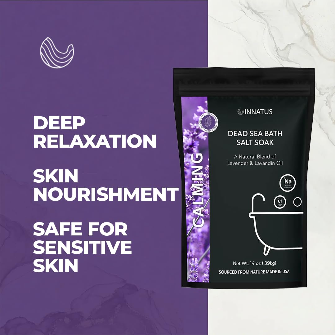 Dead Sea Soothing Bath Salt Soak with 21 Minerals - Relaxing, Detoxifying, and Nourishing for Skin - 14oz, Infused with Essential Oils - Rejuvenate Beauty and Personal Care INNATUS