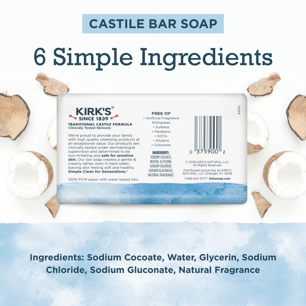 Kirk's Castile Bar Soap for Men, Women & Children - Made With Premium Coconut Oil, Sensitive Skin Formula, Vegan, Non GMO, Original Fresh Scent, 4 oz. Beauty & Personal Care Kirk's