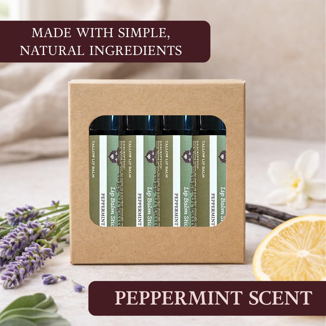 Peppermint Tallow Lip Balm - Moisturizing Lip Care with Grass-Fed Tallow, Natural Beeswax & Essential Oils, 4 Pack (.15 oz) Beauty and Personal Care TAGG ORGANICS