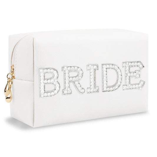 ChaoGreat Bride Gifts - Personalized Makeup Bag with Pearl Rhinestone Patch, Preppy White Monogram Cosmetic/Toiletry Pouch, bridesmaid Gifts, Bridal Beauty and Personal Care ChaoGreat Default Title