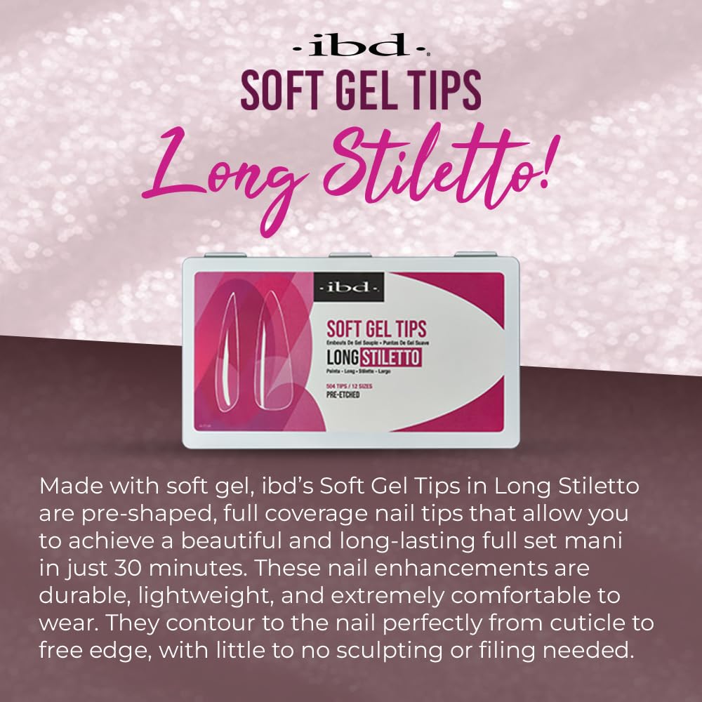 IBD Clear Soft Gel Nail Tips - Long Stiletto Shape, Pre-Etched Fake Nail Extensions for Durable, Lightweight Application, Acrylic Press On Nails, 504