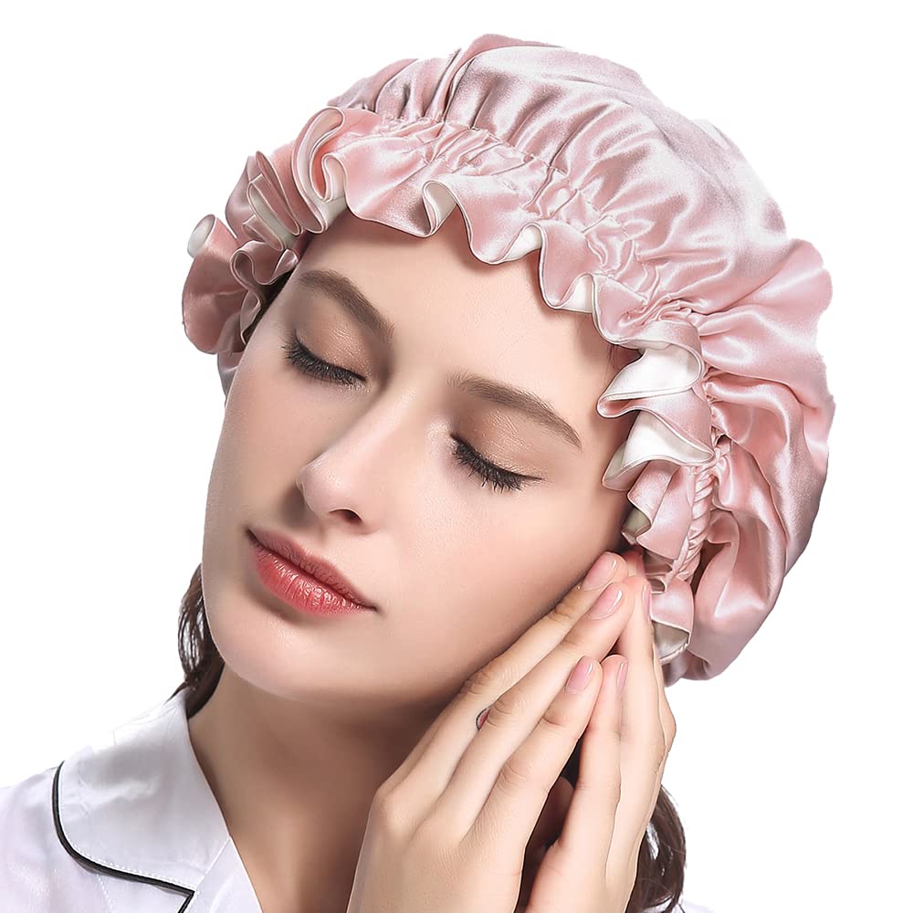 LilySilk Pure Silk Lined Cap for Women Sleep, Double Layered, Adjustable Ribbons, Luxury Natural Silk Bonnet Cap for Sleeping Rosy Pink+Ivory Beauty and Personal Care LilySilk