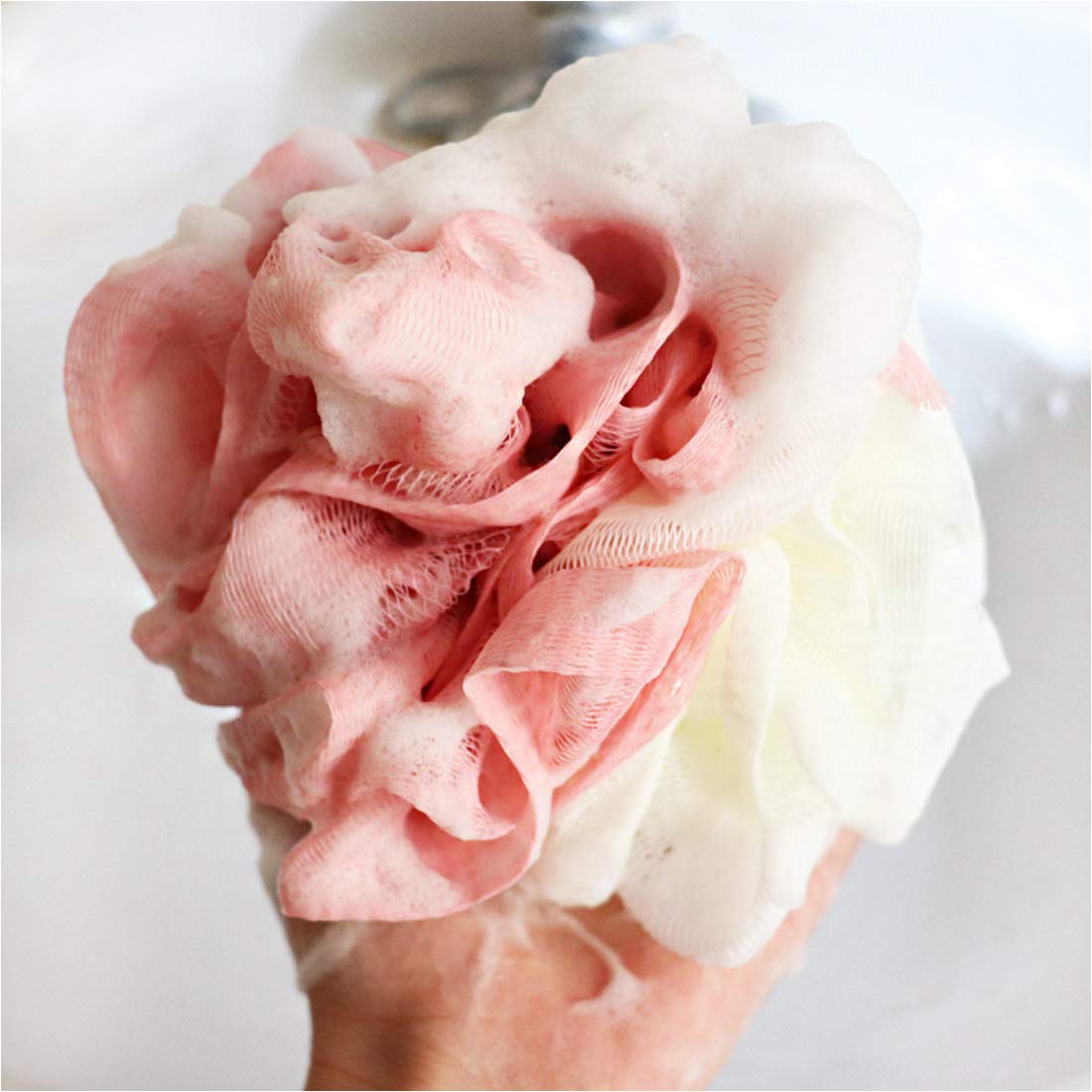 LissomPlume Bath Shower Sponge Loofah Mesh Pouf Brush Ball Exfoliating Accessory Pink Color Beauty and Personal Care LISSOMPLUME