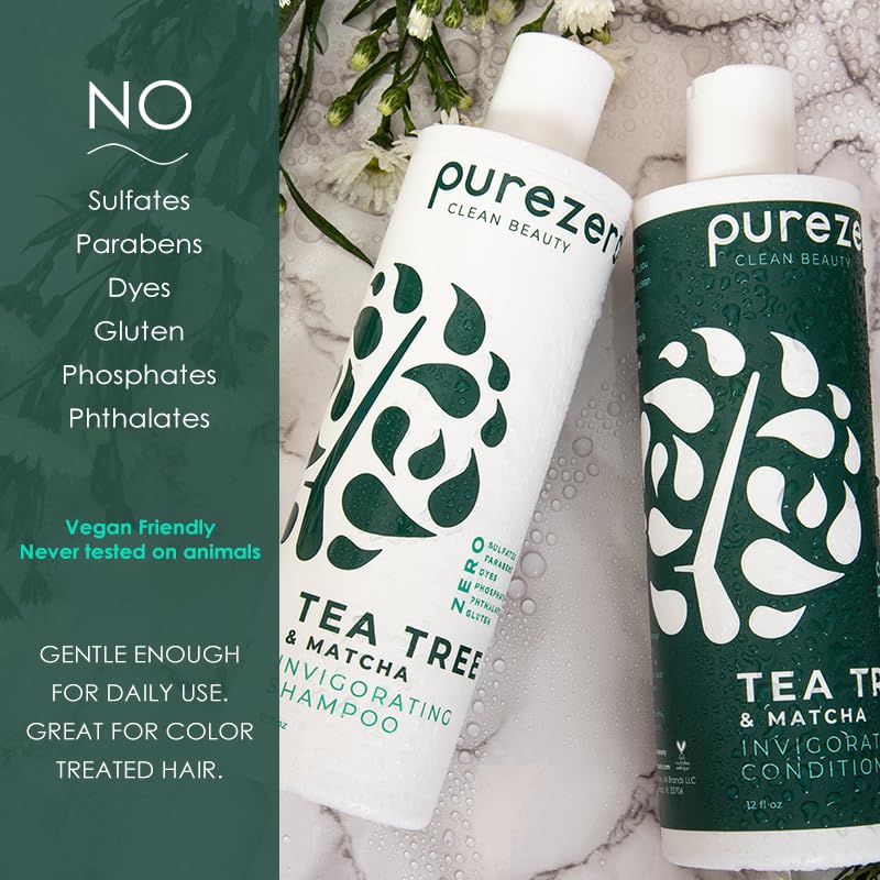 Purezero Tea Tree & Matcha Shampoo and Conditioner Set - Nourishing & Invigorating Scalp Treatment - Zero Sulfates, Parabens, Dyes Vegan and Cruely Beauty & Personal Care Purezero