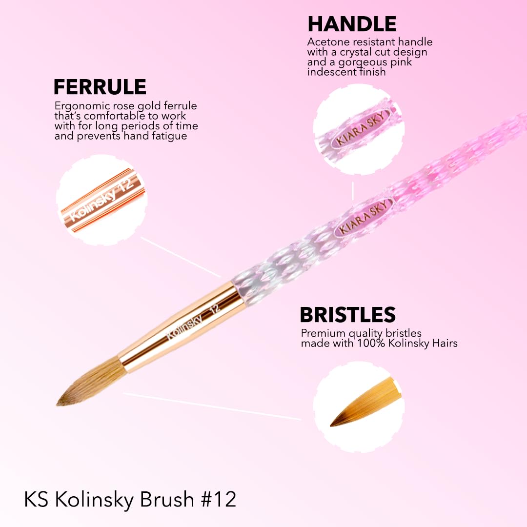 Kiara Sky Acrylic Brush #12 - Pink | 100% Pure Kolinsky | Crystal Cut Handle and Acetone Resistant Beauty & Personal Care KIARA SKY