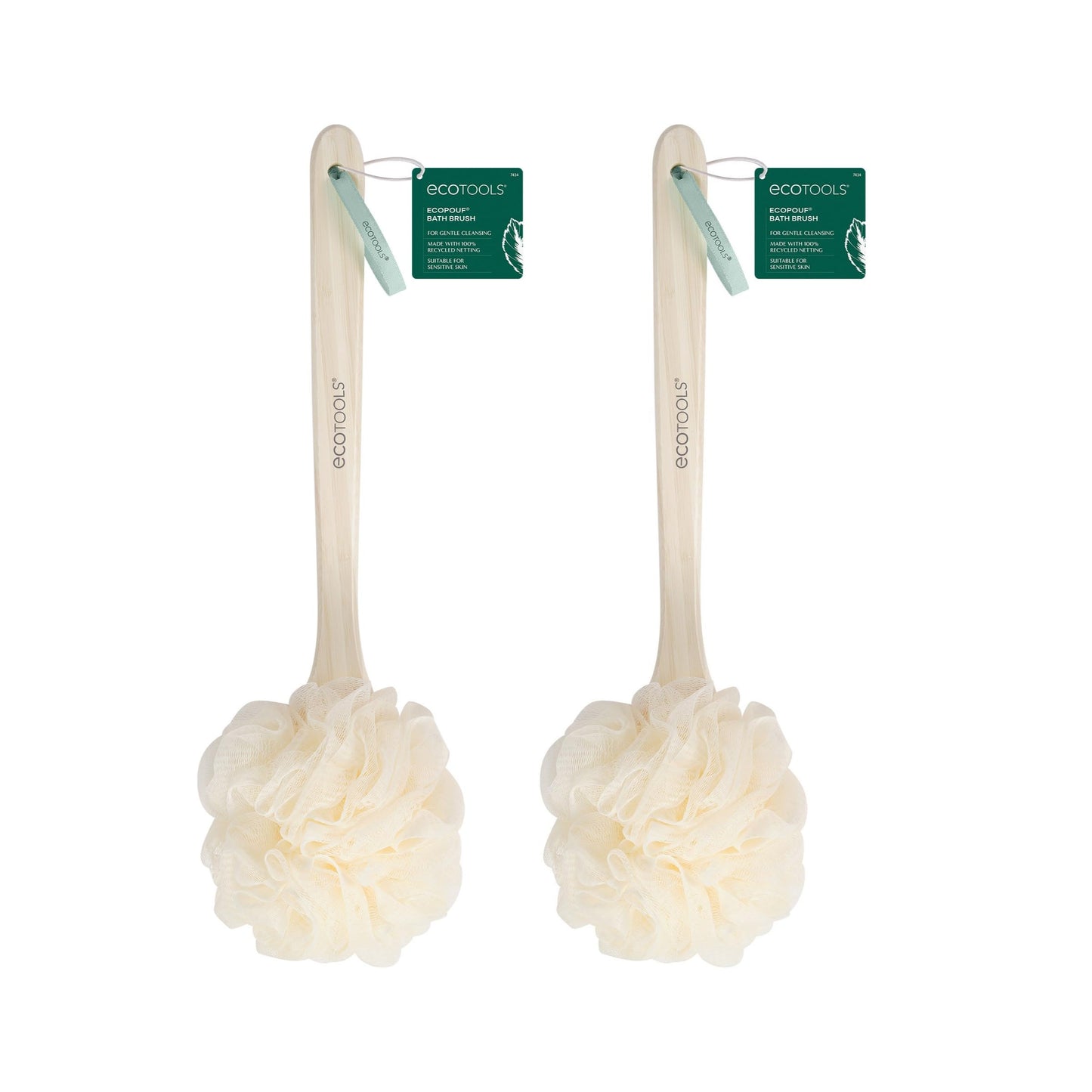 EcoTools 2 Pack EcoPouf Bath Brush, Loofah Brush for Bath & Shower, Made with Long Handle & Recycled, Soft Netting for Gentle Exfoliation, Back Brush Beauty and Personal Care EcoTools