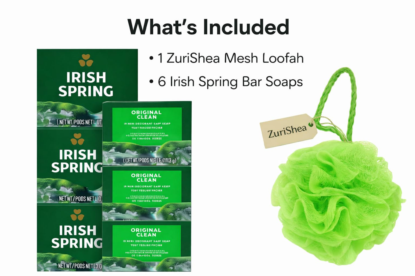 Irish Spring Bar Soap Bundle with ZuriShea Mesh Bath Sponge - Includes 6-Pack Irish Spring Bar Soap (4oz) & Exfoliating Bath Sponge. Beauty and Personal Care ZuriShea.