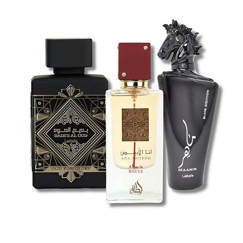 Lattafa Perfumes Bade'e Al Oud For Glory, Maahir Black & Ana Abiyedh Rouge EDP-100ml(3.4 oz) Beauty & Personal Care Lattafa