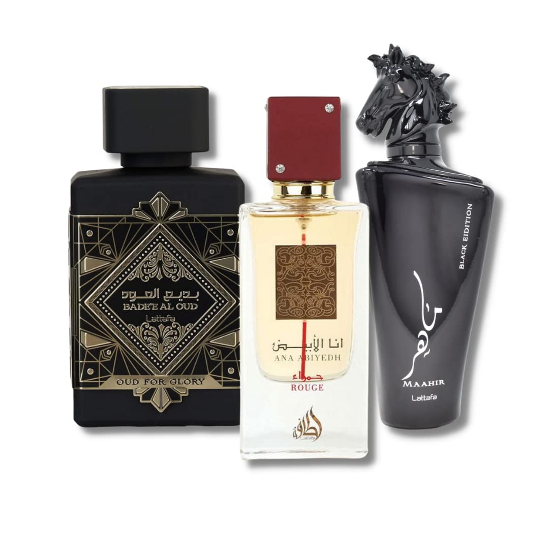 Lattafa Perfumes Bade'e Al Oud For Glory, Maahir Black & Ana Abiyedh Rouge EDP-100ml(3.4 oz) Beauty & Personal Care Lattafa