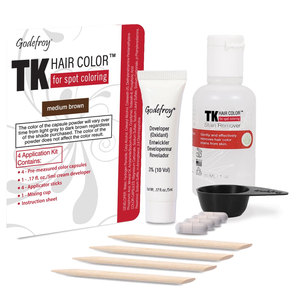 Godefroy Hair Color TK 4 Application and 1 oz Coloring Stain Remover Combo, Complete Coverage of Gray Hair Roots, Salon Quality Results - Medium Brown Beauty & Personal Care Godefroy