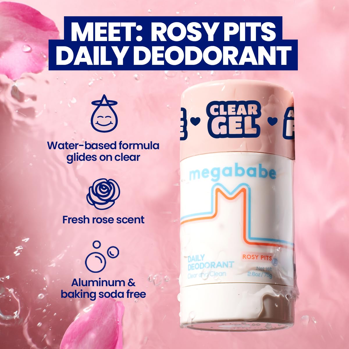 Megababe Daily Deodorant Rosy Pits - Summer and Hot Weather Essential - Aluminum-Free, Clear & Clean - 2.6 oz (Pack of 1) Beauty and Personal Care Megababe