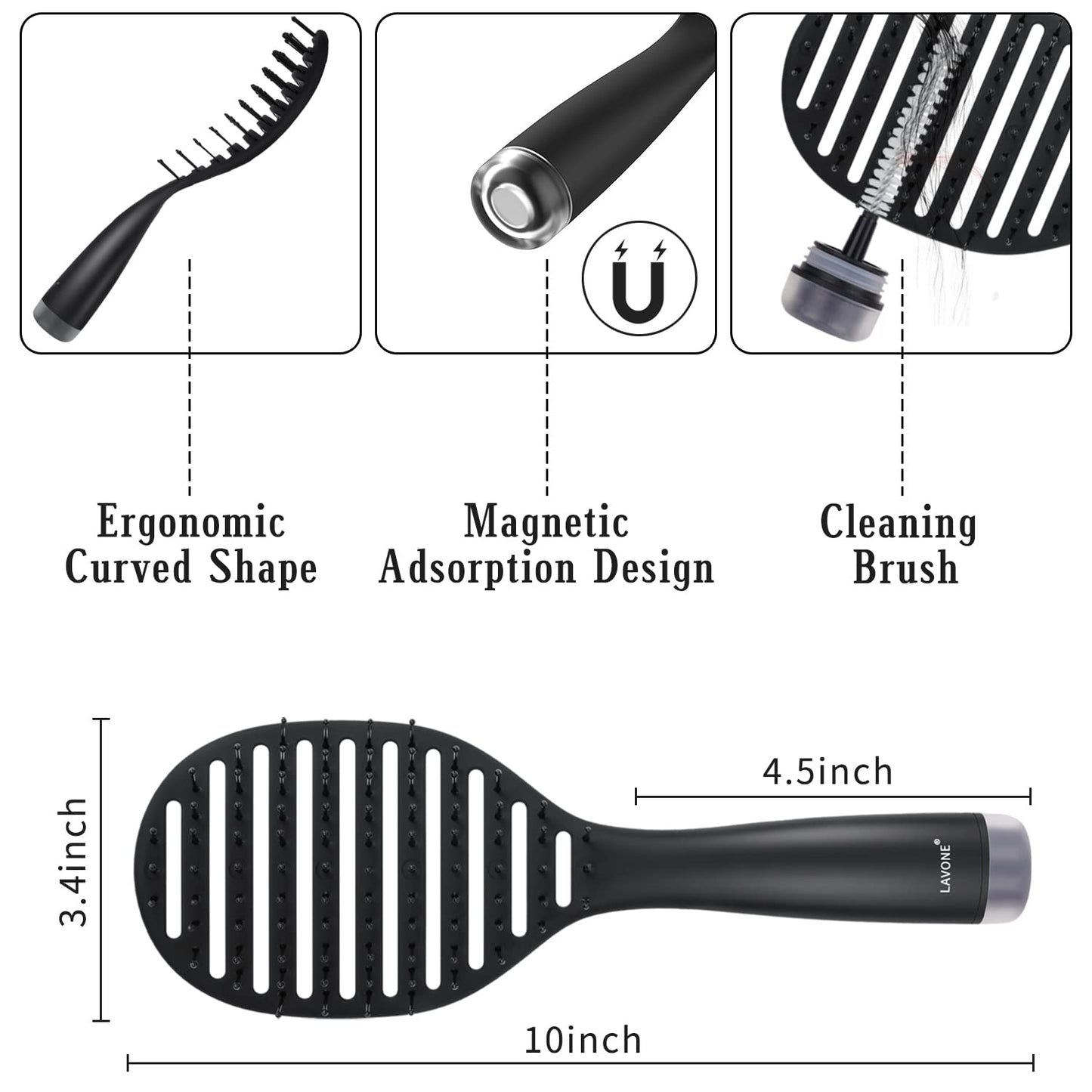 Curved Vented Hairbrush Faster Blow Drying - Detangling Brush with Built in Cleaner, Magnetic Holder and Hair Clips for Women, Men & Kids - Black Beauty & Personal Care LAVONE