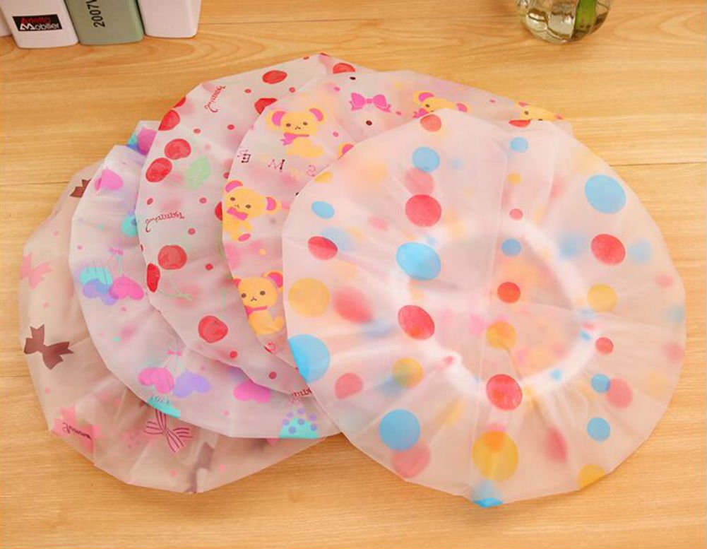 AKOAK 5 Pieces Reusable Waterproof EVA Plastic Lace Elastic Band Flower Printed Hat Environmental Protection Hair Bath Caps Shower Caps Beauty and Personal Care AKOAK