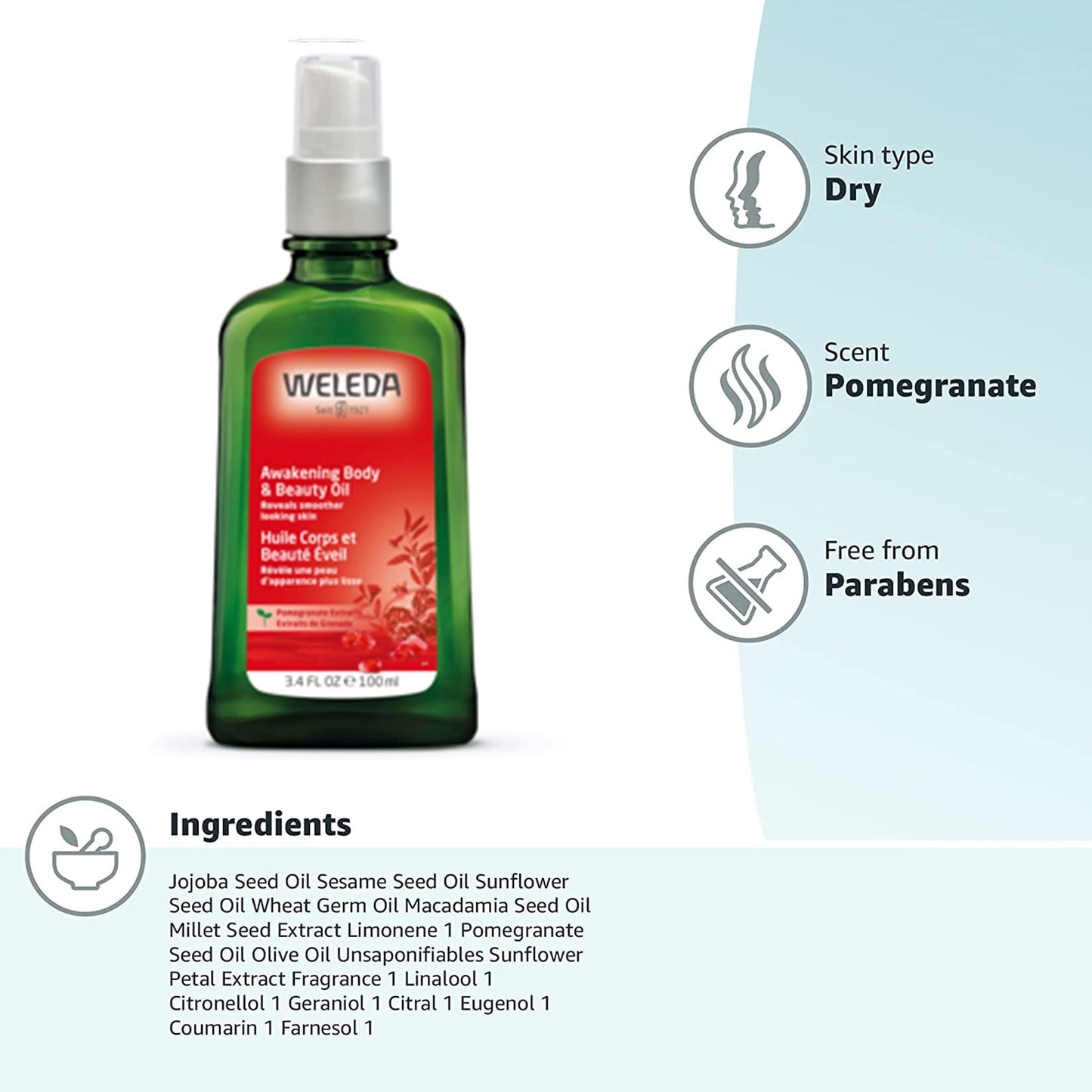 Weleda Awakening Pomegranate Body and Beauty Oil, 3.4 Fluid Ounce, Plant Rich Body and Beauty Oil with Pomegranate Seed, Jojoba and Sesame Oils Beauty & Personal Care Weleda