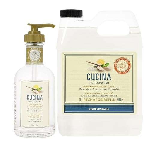 Cucina Fruits & Passion Sea Salt & Amalfi Lemon Hand Soap Set, 6.7 fl oz Glass Bottle and 33.8 fl oz Refill, Made in Canada Beauty & Personal Care Cucina