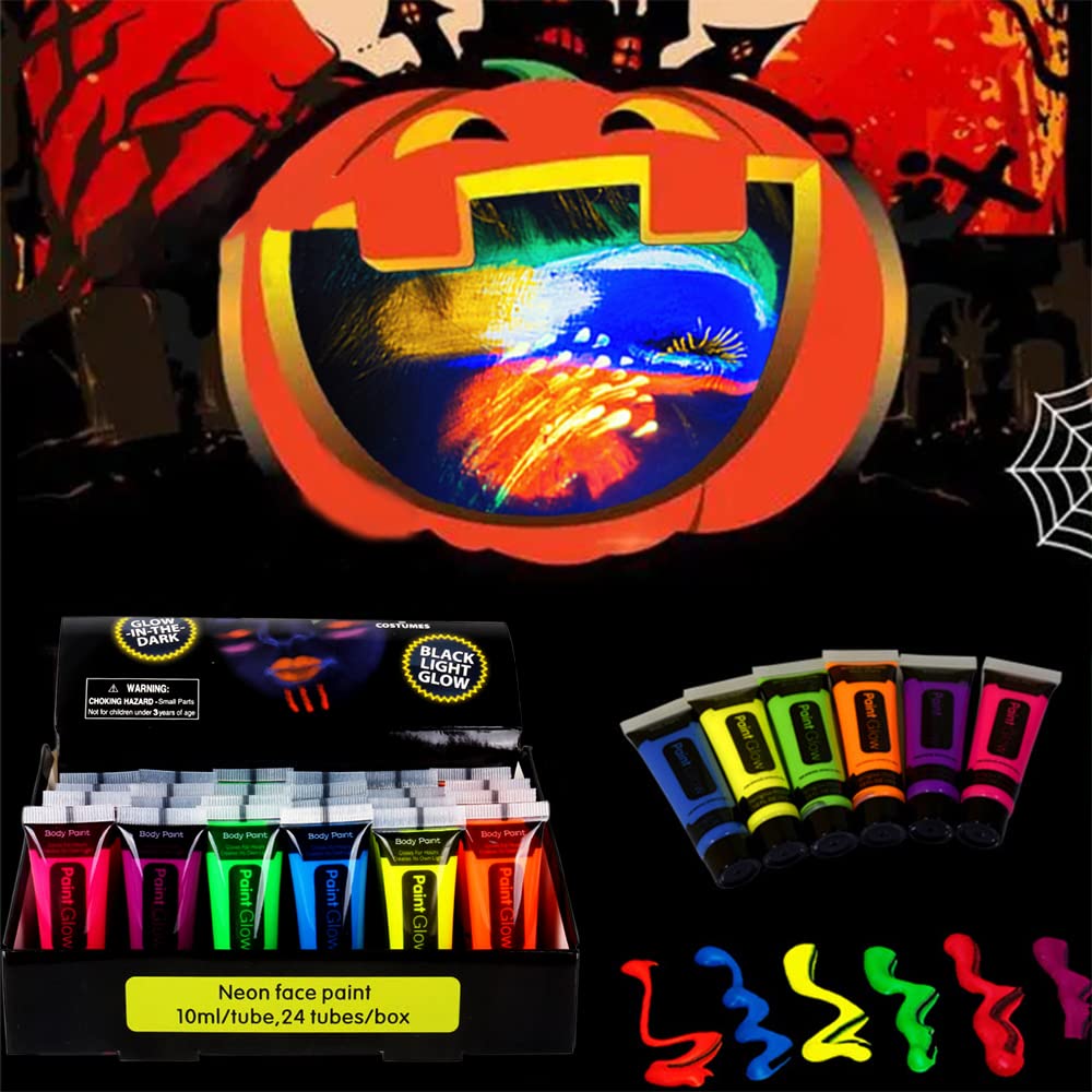 Black Light Neon Face and Body Paint Glow in the Dark Paint Halloween Blacklight Glow Party 6 Color 24 tubes Beauty & Personal Care Xmifer