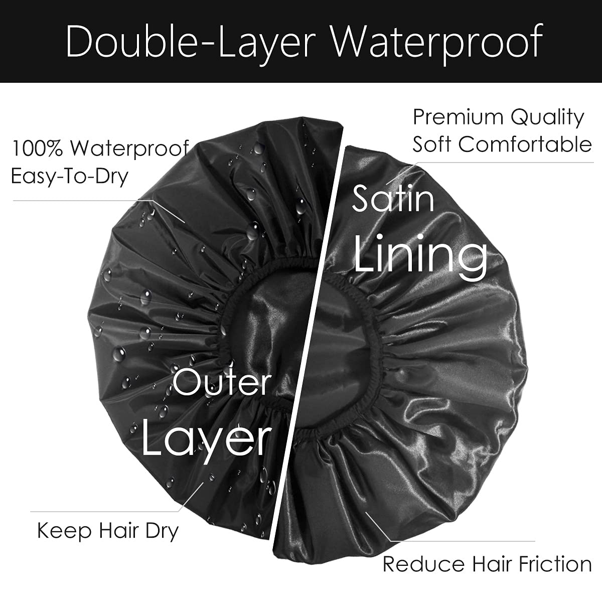 Auban Extra Large Shower Cap, Double-Layer Waterproof Reusable, XL Satin Lining Shower Bonnet for Women Thick, Long Hair, Locs, Braids(Black) Beauty & Personal Care Auban